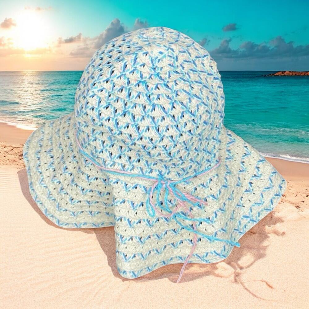 Capelli New York Kids Bucket Hat Girls Youth OS White Straw Blue Pink Sun Beach